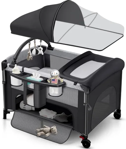 Moisés de bebé 4 en 1 junto a la cama con configuración con una sola mano y colchón impermeable – Parque de juegos certificado por ASTM, corralito