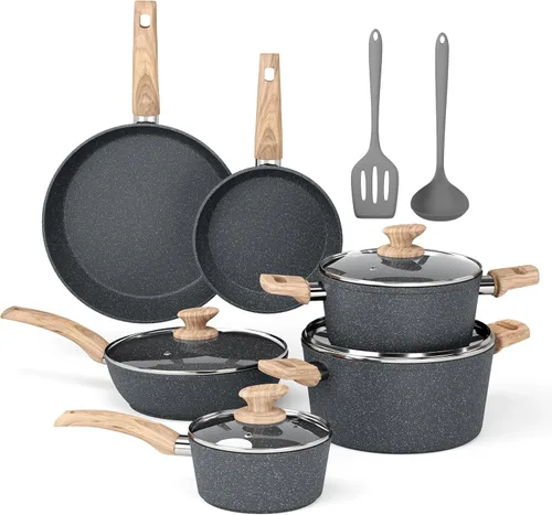 DishDelight Juego de Ollas y Sartenes de Inducción, 12 Piezas de Utensilios de Cocina Antiadherentes, Juego de Cocina de Granito con Sartenes, Gris