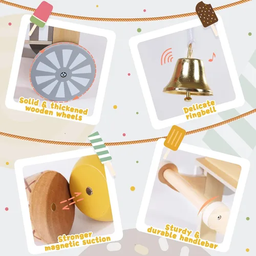 Miniatura 5 de Labebe Carrito de Helados de Madera para Niños, Camión de Helados para Niños Pequeños con Tirador, Juego de Simulación con Pizarra, Campanilla