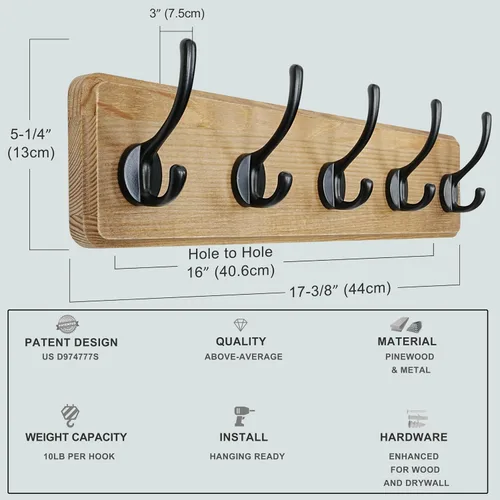 Miniatura 6 de Dseap Perchero de Pared: Moderno, Patentado, Resistente, 17.4" de Largo, Riel Colgador de Madera con 5 Ganchos Dobles para Abrigos de Invierno, Negro