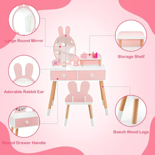 Miniatura 8 de GLACER Juego de mesa y silla para niños, juego de tocador patentado con silla, espejo extraíble, 2 cajones grandes, estante de almacenamiento