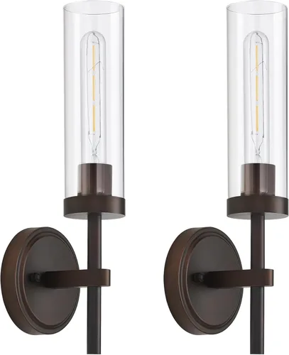 Miniatura 19 de Juego de 2 apliques de pared cableados negros y dorados, modernos apliques de tocador de baño con pantalla de vidrio transparente, luces de montaje