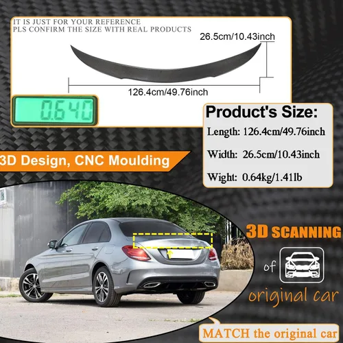 Miniatura 4 de Alerón de maletero de fibra de carbono para Mercedes Benz 2015-2021 Clase C W205 C180 C200 C250 C300 C400 C43 C63 AMG Sedán tapa trasera Highkick