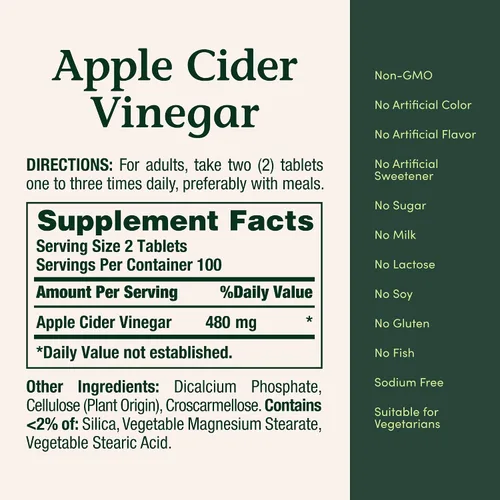 Miniatura 5 de Nature's Bounty - Tabletas de vinagre de sidra de manzana, 480mg por porción, suplemento vegetariano a base de plantas, 200 tabletas