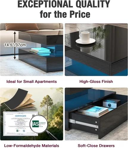 Miniatura 6 de FKWin Mesas de centro negras para sala de estar, mesa de centro LED con luces, moderna mesa de centro negra con superficie de alto brillo, mesa