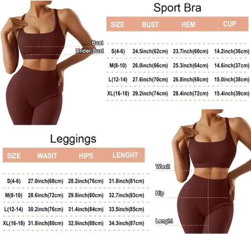 Miniatura 7 de OMKAGI Conjunto de entrenamiento acanalado para mujer, sin costuras, brasier deportivo con tiras y levantamiento de glúteos