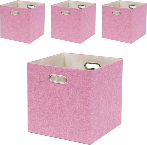 Cajas Organizadoras de Almacenamiento de Cubo Rosa 33x33x33 cm, Juego de 4 Cajas de Organización Plegables con Asas, Cajas de Almacenamiento Rosa