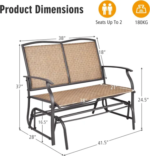 Miniatura 3 de Tangkula Banco planeador de patio para 2 personas, silla de sofá biplaza mecedora para exteriores con marco de acero resistente, tela de asiento