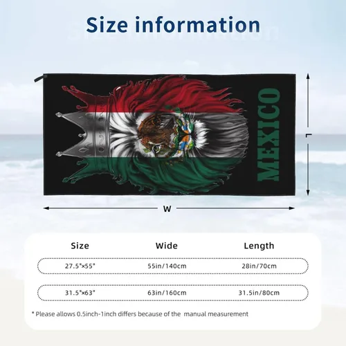 Miniatura 6 de Toalla de playa de microfibra, toalla de baño grande de León México con bandera mexicana para mujeres y hombres, toallas de baño de secado rápido