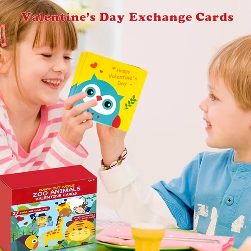 Miniatura 6 de Tarjetas de rompecabezas para el día de San Valentín para niños, paquete de 27 tarjetas de rompecabezas de animales con sobres y calcomanías a