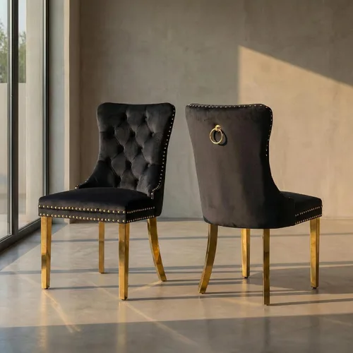 Miniatura 55 de Juego de 2 sillas de comedor de terciopelo, sillas de comedor copetudas de mediados de siglo con anillo trasero de cabeza de clavo, patas de metal
