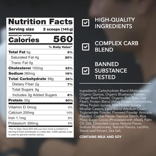 Miniatura 5 de RIVAL NUTRITION Clean Gainer Proteína en Polvo – 5LB Galletas y Crema – Alta Proteína para Masa Magra y Ganancia de Peso 560 Calorías, 30g