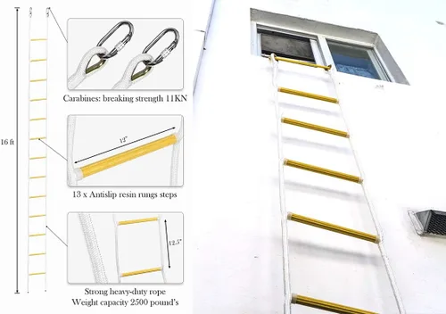 Miniatura 6 de Escalera de escape contra incendios de 2 pisos de 16 pies, resistente a las llamas, de seguridad, con cuerda - Rápida de desplegar y fácil de usar