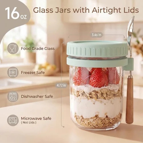 Miniatura 3 de HomArtist Recipientes de avena de 16 onzas con tapas y cucharas, paquete de 4 tarros Mason de boca ancha con tapas herméticas, tarros de avena