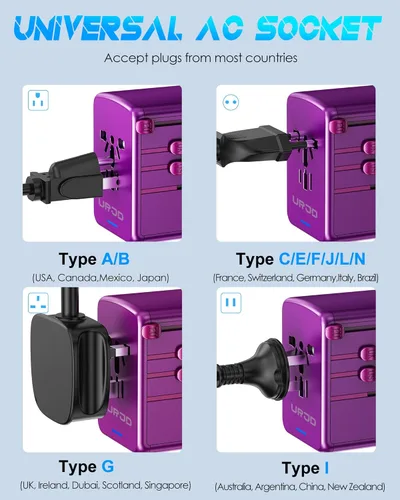 Miniatura 6 de Adaptador de viaje universal con 3 puertos USB-C + 2 puertos USB-A de carga rápida de 30 W, salida de CA de 2500 W, adaptador de corriente 3 USB