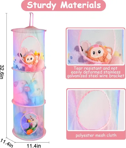 Miniatura 3 de ChezMax Almacenamiento de malla colgante para animales de peluche, 3 niveles, paquete de 2 unidades, organizador de red grande para animales