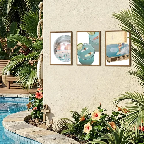 Miniatura 2 de Juego de 3 pinturas de pared costeras azules enmarcadas, decoración de pared de playa con bola de discoteca preppy, pinturas de surf retro Y2K