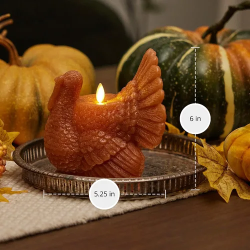 Miniatura 6 de Luminara Decoración de cosecha de otoño sin llama, vela LED figural de pavo, color natural, Adobe, 5.3 x 7.5 pulgadas, llama móvil de cera real