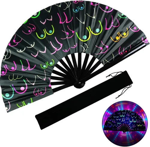 Miniatura 17 de Ventilador plegable grande, ventilador de mano de bambú de 13 pulgadas con tinta reactiva UV, ventilador chino plegable Clark para festivales, Drag