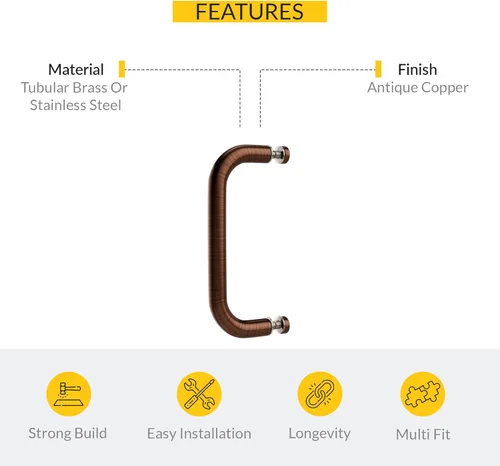Miniatura 3 de BRIXWELL Manija tubular para puerta de ducha con acabado de cobre antiguo de montaje único, material de latón, se adapta a vidrio de 3/16 a 1/2
