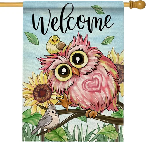 Miniatura 8 de Hzppyz Bandera de jardín de búho rosa de bienvenida para primavera y verano, de doble cara, ramas de girasol, decoración pequeña para exteriores