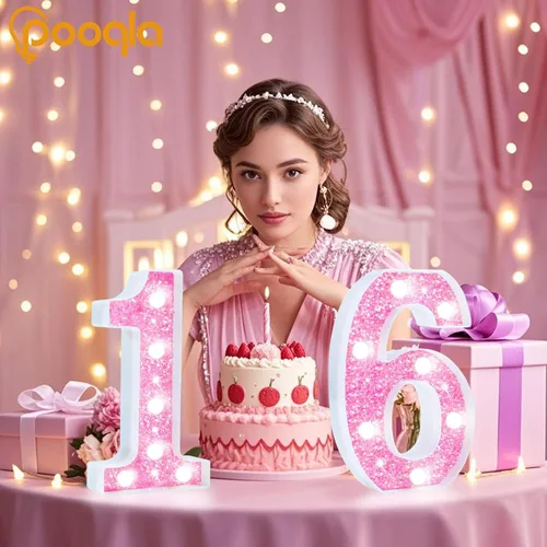 Miniatura 5 de Pooqla Luces de números de marquesina, números de luz rosa para niñas de 10.º cumpleaños, funciona con pilas, luz nocturna de número con purpurina