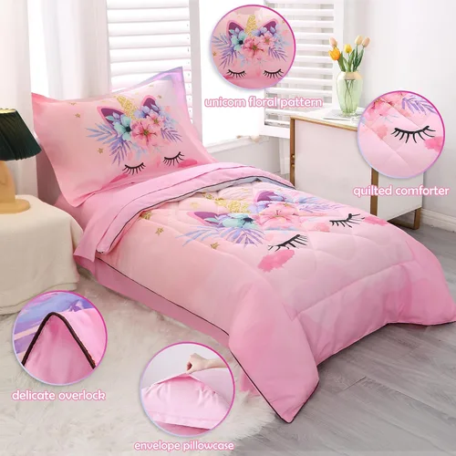 Miniatura 2 de KINBEDY Juego de ropa de cama para niños pequeños, 4 piezas, juego de ropa de cama de unicornio rosa para niñas, suave y lindo diseño floral, juego