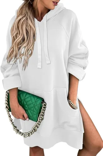 SHEWIN Vestido casual de gran tamaño para mujer, manga larga, dobladillo dividido, con cordón, con bolsillo tipo canguro