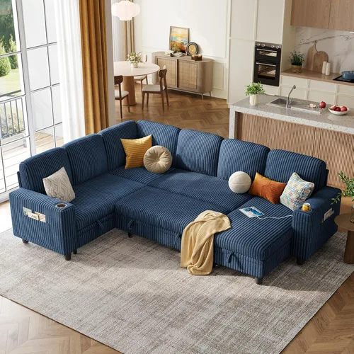 Miniatura 50 de LINSY HOME Sofá cama modular extraíble para sala de estar (beige, sofá cama 1) Sofá cama extraíble, almacenamiento, carga USB, portavasos, pana