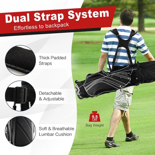 Miniatura 4 de GYMAX Bolsa de golf con divisor de 6 vías, bolsa de club de golf con 8 bolsillos, capucha para lluvia, soporte para paraguas y calcomanía