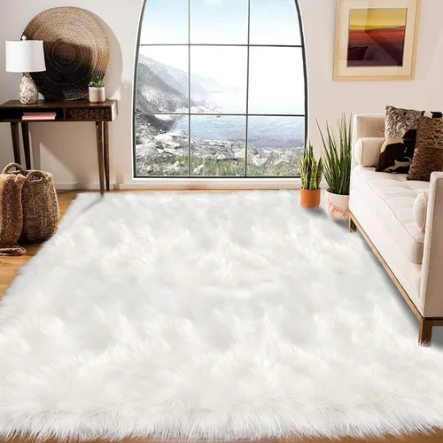 Miniatura 122 de Latepis - Tapete rectangular de piel sintética tipo lana de oveja suave, esponjosa y lavable para sala de estar, dormitorio, sala de juegos o Blanco