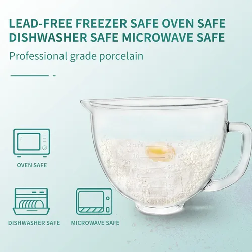 Miniatura 3 de Tazón mezclador de vidrio para mezcladores de pie con cabezal inclinable Kitchenaid de 4.5-5 cuartos de galón, tazón de mezcla de 5 cuartos de galón