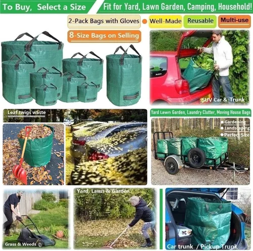 Miniatura 2 de Paquete de 2 bolsas profesionales grandes de 72 galones para césped y jardín (26 pulgadas de alto, 30 pulgadas) con guantes de jardinería para bolsa