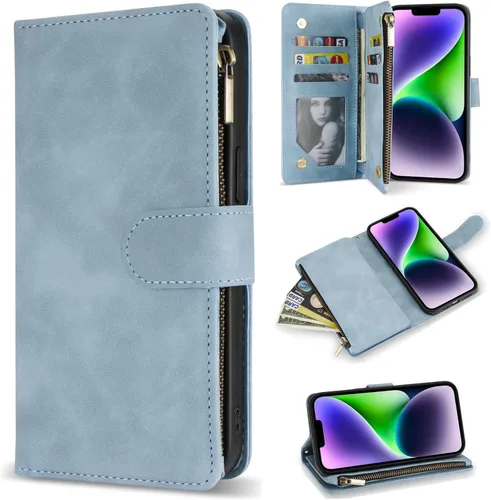 Miniatura 18 de ZZXX Funda tipo cartera para iPhone 14 Plus con [Bloqueo RFID] Ranura para tarjetas Cuero PU suave premium con cremallera tipo folio plegable
