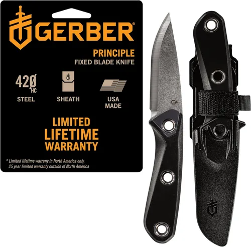 Gerber Gear Principle - Cuchillo de supervivencia de hoja fija para caza, camping y más - Cuenta con lomo para encender fuego y funda de triple Negro