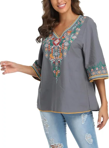 Miniatura 3 de YZXDORWJ Blusa campesina mexicana bordada con cuello en V para mujer