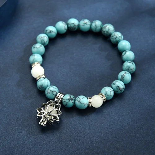 Miniatura 7 de Pulsera luminosa con forma de flor de loto que brilla en la oscuridad para mujer, piedras turquesas naturales, joyería de oración de yoga, Metal