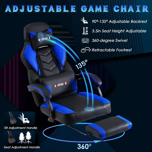 Miniatura 4 de ECOTOUGE Silla de juegos con reposapiés, silla grande y alta con soporte lumbar de masaje, silla ergonómica con respaldo alto reclinable, silla Azul