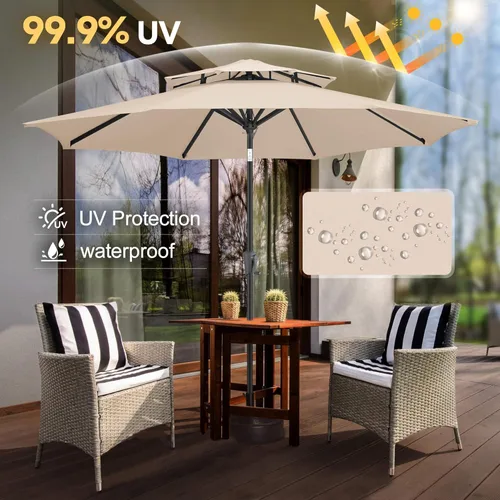 Miniatura 2 de FLAME&SHADE Sombrilla de Patio de 9 pies - Sombrilla para Exteriores de 2 Niveles con Botón de Inclinación y Manivela para Protección UV, Sombrilla