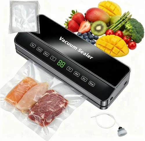Máquina selladora al vacío de alimentos, control de temperatura de 9 niveles y cortador integrado, detiene en seco/húmedo para quemar congelador,