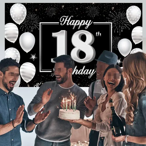 Miniatura 7 de Cartel de fondo de cumpleaños número 18, decoración de fiesta plateada y negra para niños y niñas, fondo de cabina de fotos