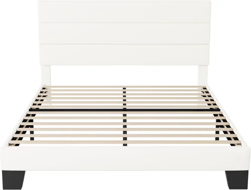 Miniatura 8 de Allewie Base de cama de plataforma tamaño Queen con cabecera tapizada de terciopelo y soporte de listones de madera, base de colchón completa,