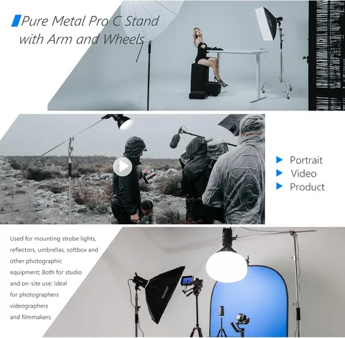 Miniatura 7 de NEEWER Pro Soporte en C de 100% metal con ruedas, soporte de luz con altura máxima de 330 cm/10.8 pies, soporte de reflector ajustable con brazo