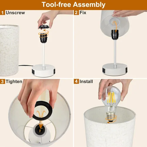 Miniatura 6 de LTBLIGHT Lámpara de mesita de noche con puerto USB + salida de CA, lámpara de escritorio regulable de 3 vías, lámpara pequeña de base blanca