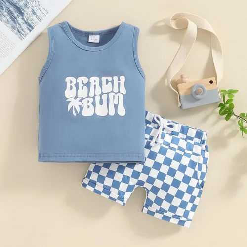 Miniatura 20 de Ropa de bebé niño sin mangas + pantalones cortos con estampado a rayas con bolsillos, 2 piezas de trajes de verano