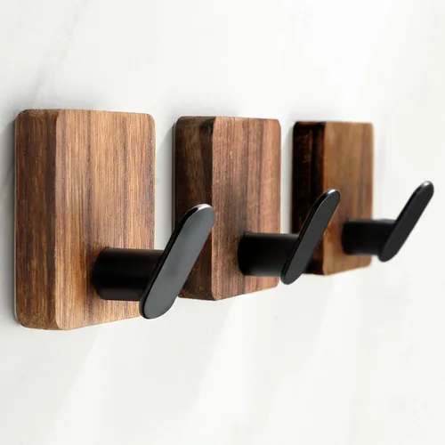 Miniatura 4 de DELITON Ganchos de toalla para baños, paquete de 4 ganchos adhesivos de madera para colgar batas, toallas, abrigos, llaves, gancho decorativo