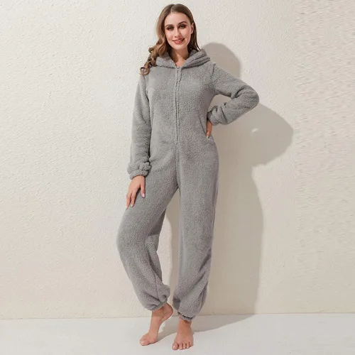 Miniatura 16 de Pijama de forro polar para mujer, mameluco cálido de sherpa, ropa de dormir de una pieza con cremallera y capucha