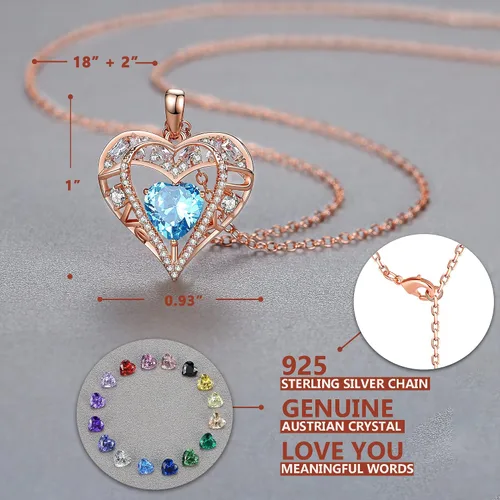 Miniatura 9 de Collar de cristal de 5 corazones, chapado en oro rosa de 18 quilates, colgante con cadena de plata de ley 925 de 18 + 2 pulgadas, joyería de piedra