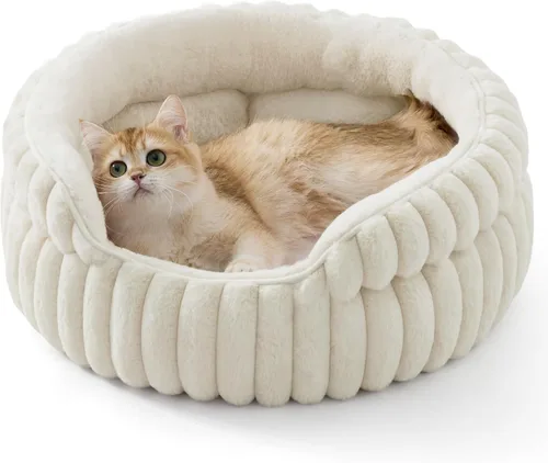 Bedsure ComfyFleece™ - Cama para gatos, lavable y redonda para mascotas para gatos de interior, cama de pana súper suave con parte inferior