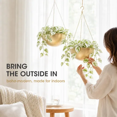 Miniatura 4 de AceList Paquete de 2 macetas colgantes doradas para plantas de interior, colgador de plantas de metal bohemio de 9.8 pulgadas para interiores